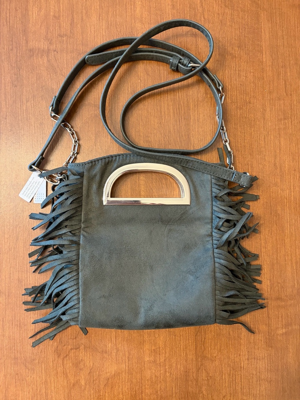 NWT White House Black Market Smoky Green/Sage Fringe Crossbody Gold Top Handle